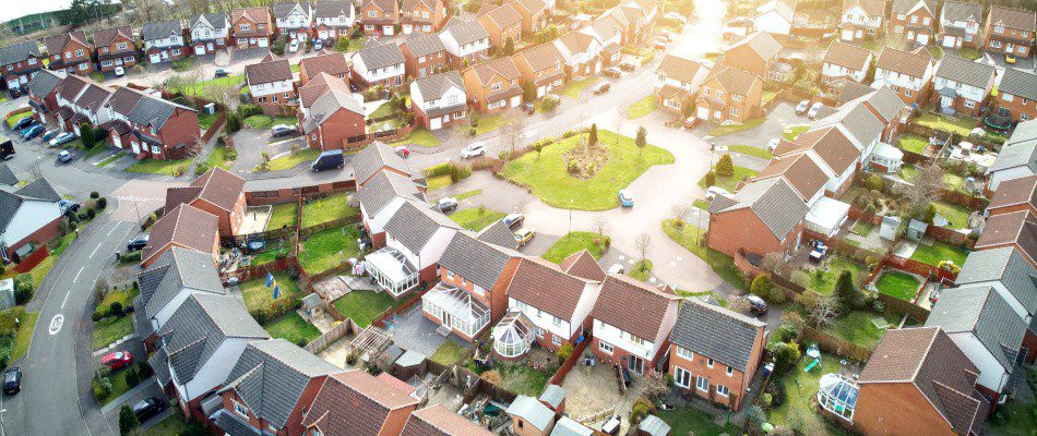 An aerial view of a residential neighborhood.