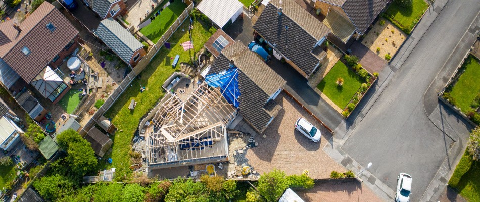 An aerial view of a house under construction.