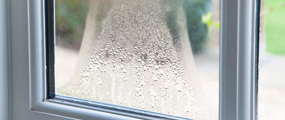 A window with water droplets on it.