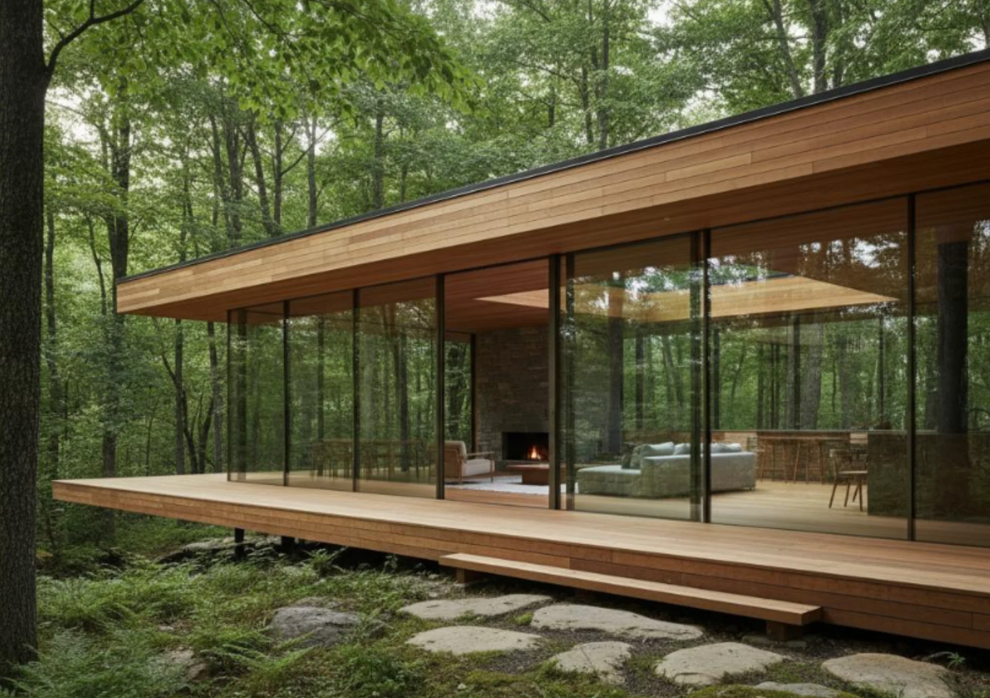 glass fronted building in wooded area